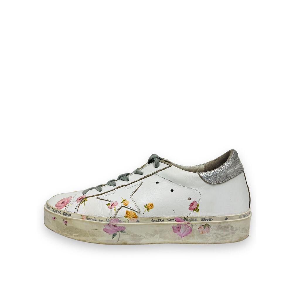 GOLDEN GOOSE White Leather Metallic Hi-Star Floral Print Sneakers Size 40 US 10 - Picture 1 of 8